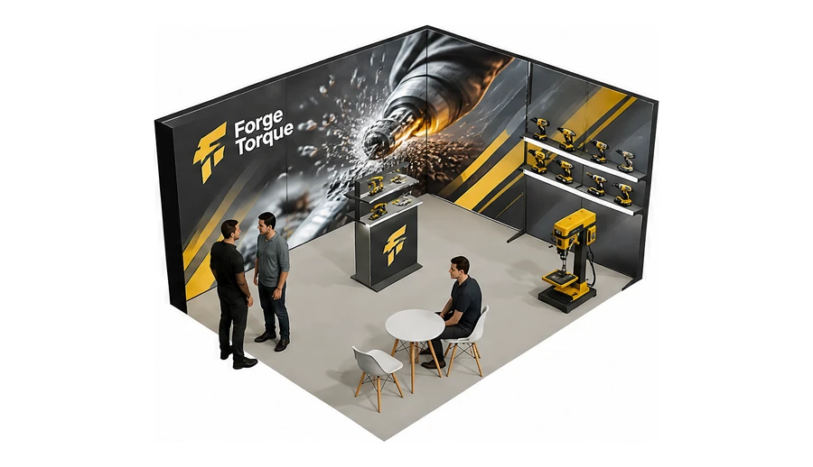 Stoisko 5 × 4 m narożne prawe dla branży elektronarzędzia, przykładowa marka Forge Torque