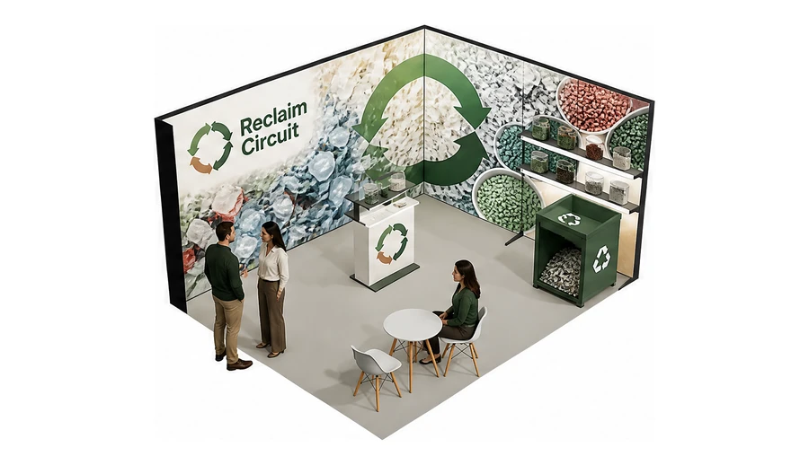 Stoisko 5 × 4 m narożne prawe dla branży recykling i ochrona środowiska, przykładowa marka Reclaim Circuit