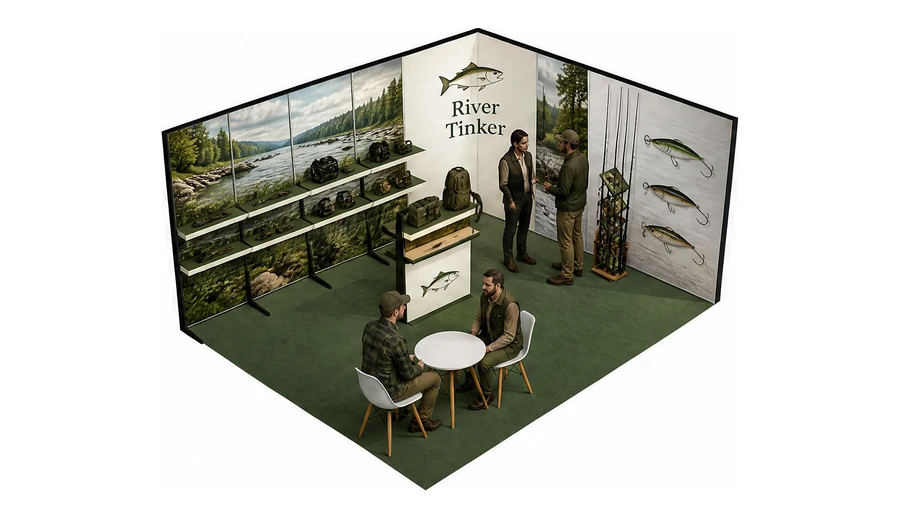 Stoisko 5 × 4 m narożne prawe dla branży wędkarstwo, przykładowa marka River Tinker