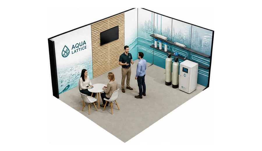 Stoisko 5 × 4 m narożne prawe dla branży technologie wodne, przykładowa marka Aqua Lattice