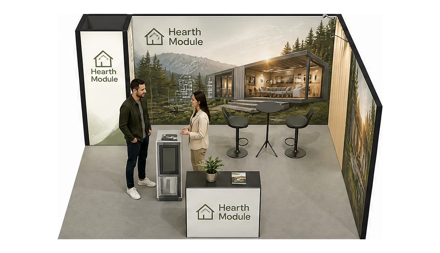 Stoisko 5 × 4 m narożne prawe dla branży domy modułowe i prefabrykacja, przykładowa marka Hearth Module