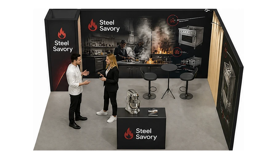 Stoisko 5 × 4 m narożne prawe dla branży wyposażenie gastronomii, przykładowa marka Steel Savory