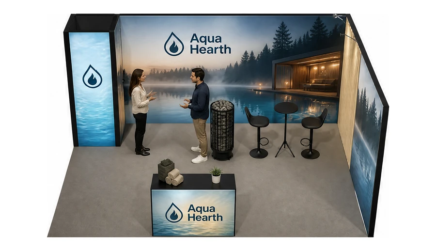 Stoisko 5 × 4 m narożne prawe dla branży baseny i sauny, przykładowa marka Aqua Hearth