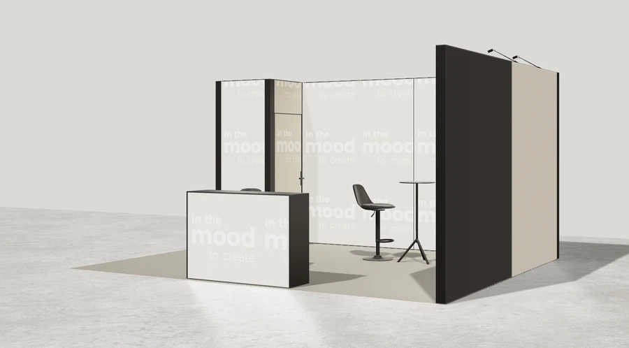 Widok prezentacyjny stoiska targowego stoisko narozne prawe 5x4 m100 led z zapleczem z1 r0 s0 l1 e1 p0 w0 m0 g0 a2 v2a o3