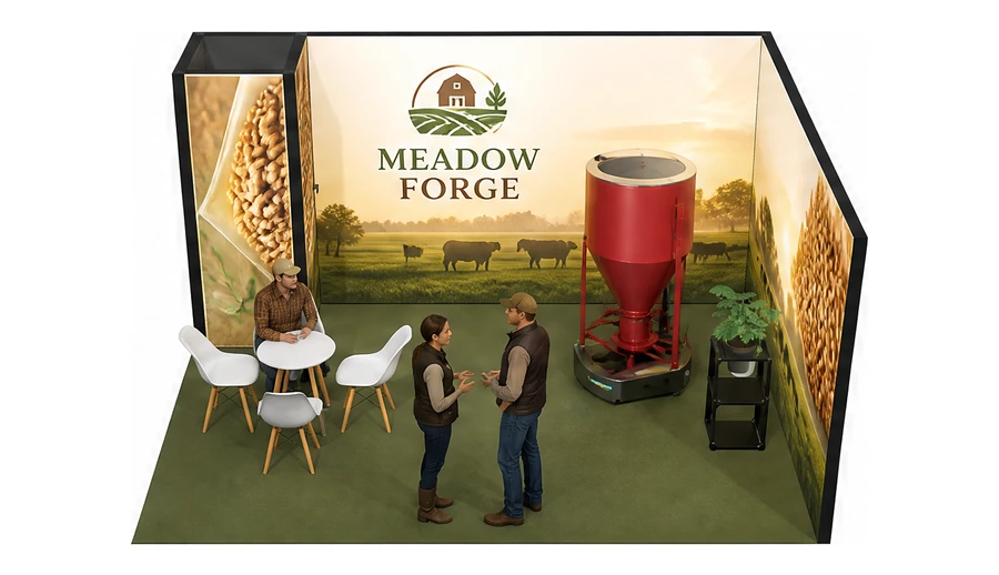 Stoisko 5 × 4 m narożne prawe dla branży hodowla i pasze, przykładowa marka Meadow Forge