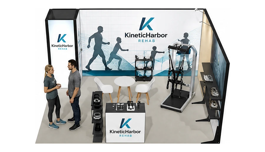 Stoisko 5 × 4 m narożne prawe dla branży rehabilitacja i fizjoterapia, przykładowa marka KineticHarbor Rehab