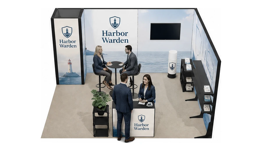 Stoisko 5 × 4 m narożne prawe dla branży ubezpieczenia, przykładowa marka Harbor Warden