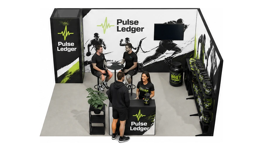 Stoisko 5 × 4 m narożne prawe dla branży suplementy diety, przykładowa marka Pulse Ledger