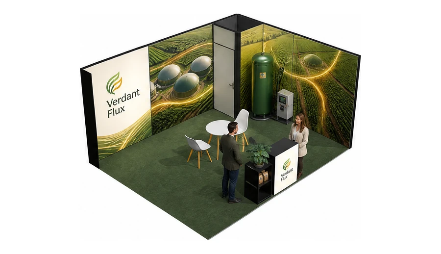 Stoisko 5 × 4 m narożne prawe dla branży biogaz i OZE, przykładowa marka Verdant Flux