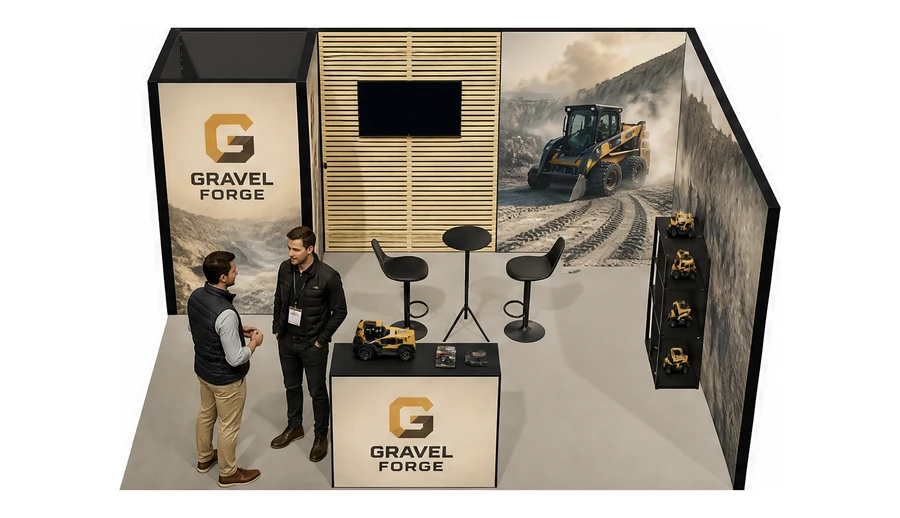 Stoisko 5 × 4 m narożne prawe dla branży maszyny budowlane, przykładowa marka Gravel Forge