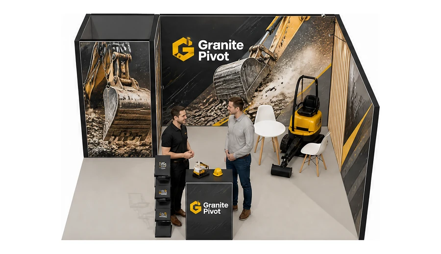 Stoisko 5 × 4 m narożne prawe dla branży maszyny budowlane, przykładowa marka Granite Pivot
