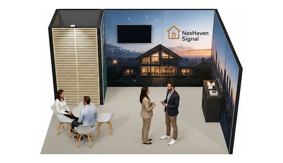 Stoisko 5 × 4 m narożne prawe dla branży smart home i IoT, przykładowa marka NexHaven Signal