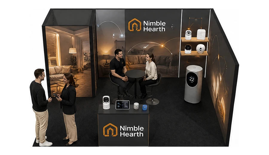 Stoisko 5 × 4 m narożne prawe dla branży smart home i IoT, przykładowa marka Nimble Hearth