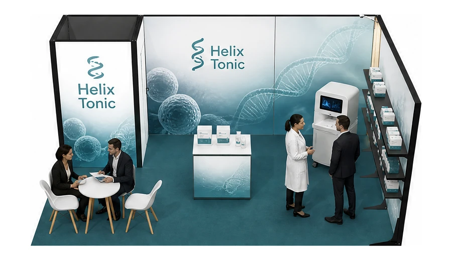 Stoisko 5 × 4 m narożne prawe dla branży farmacja i biotechnologia, przykładowa marka Helix Tonic