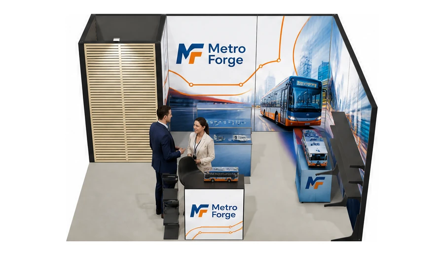 Stoisko 5 × 4 m narożne prawe dla branży autobusy i transport zbiorowy, przykładowa marka Metro Forge