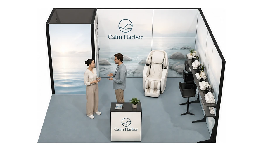 Stoisko 5 × 4 m narożne prawe dla branży spa i wellness, przykładowa marka Calm Harbor