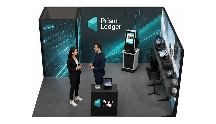 Stoisko 5 × 4 m narożne prawe dla branży technologie dla handlu, przykładowa marka Prism Ledger
