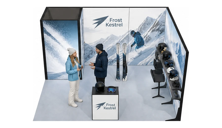 Stoisko 5 × 4 m narożne prawe dla branży narciarstwo i sporty zimowe, przykładowa marka Frost Kestrel
