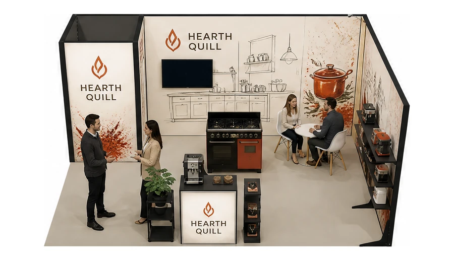 Stoisko 5 × 4 m narożne prawe dla branży sprzęt kuchenny i AGD, przykładowa marka Hearth Quill
