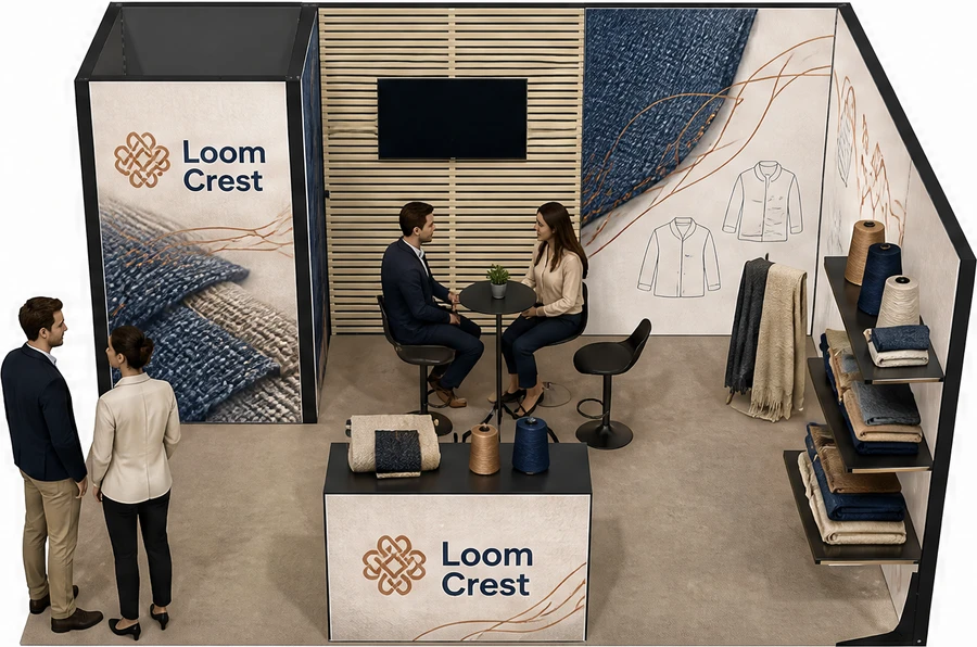 Stoisko 5 × 4 m narożne prawe dla branży tekstylia i tkaniny, przykładowa marka Loom Crest