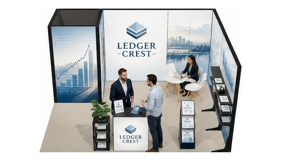 Stoisko 5 × 4 m narożne prawe dla branży usługi finansowe i księgowe, przykładowa marka Ledger Crest