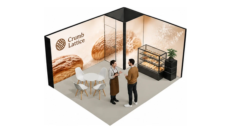 Stoisko 5 × 4 m narożne prawe dla branży piekarnictwo i cukiernictwo, przykładowa marka Crumb Lattice