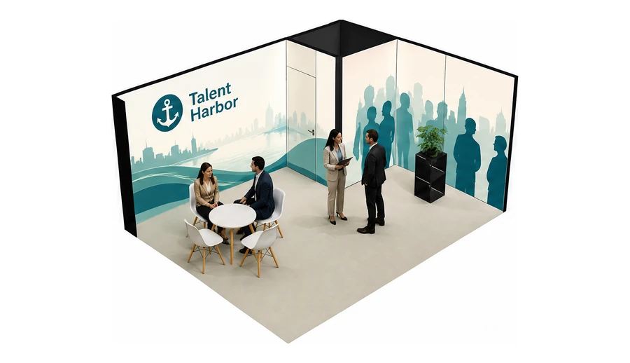 Stoisko 5 × 4 m narożne prawe dla branży HR i rekrutacja, przykładowa marka Talent Harbor