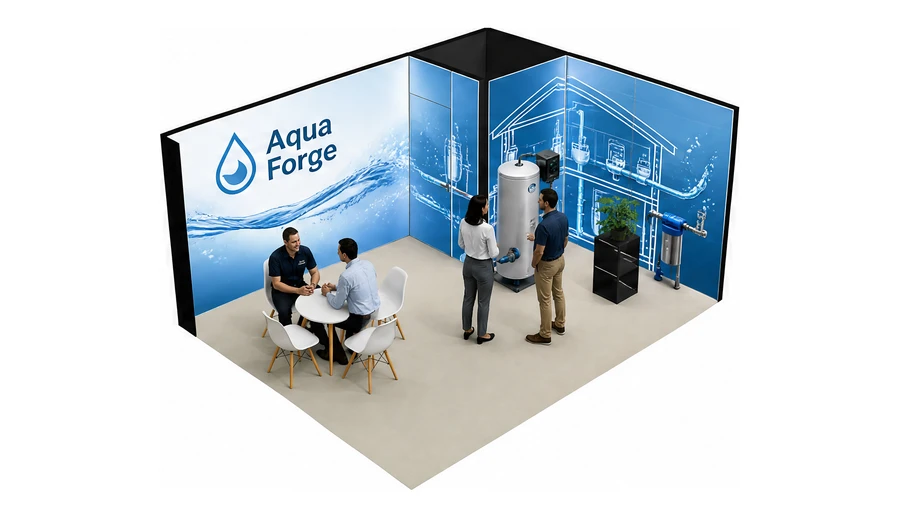 Stoisko 5 × 4 m narożne prawe dla branży instalacje wodno-kanalizacyjne, przykładowa marka Aqua Forge