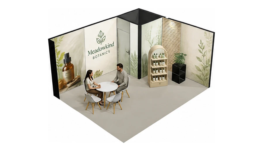Stoisko 5 × 4 m narożne prawe dla branży kosmetyki naturalne, przykładowa marka Meadowkind Botanics