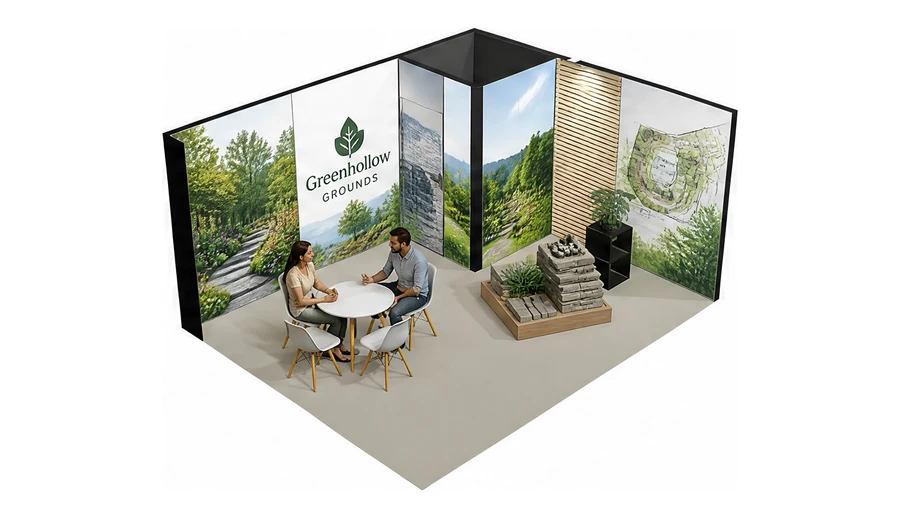 Stoisko 5 × 4 m narożne prawe dla branży ogród i architektura krajobrazu, przykładowa marka Greenhollow Grounds