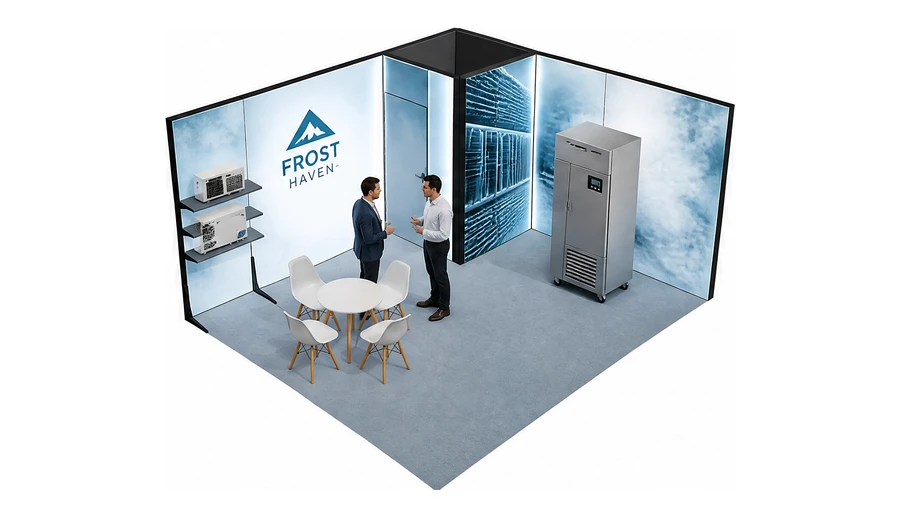 Stoisko 5 × 4 m narożne prawe dla branży łańcuch chłodniczy, przykładowa marka Frost Haven