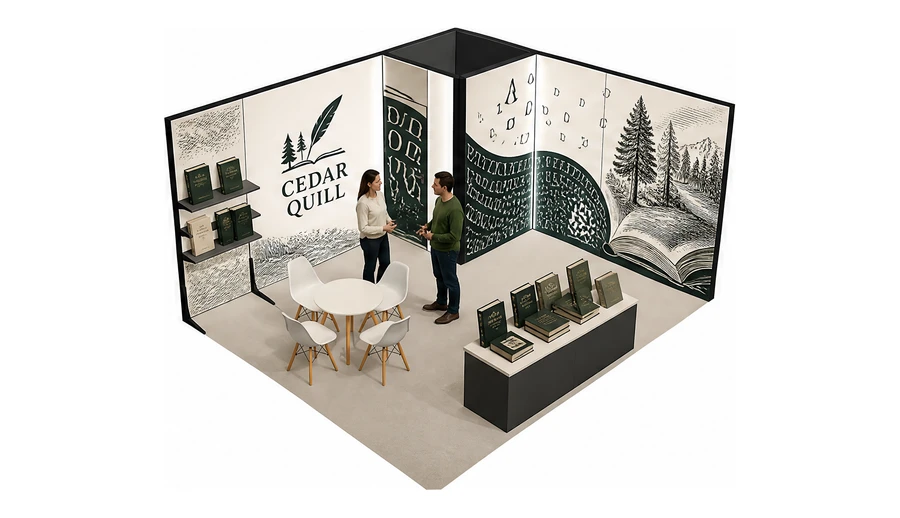 Stoisko 5 × 4 m narożne prawe dla branży wydawnictwa, przykładowa marka Cedar Quill