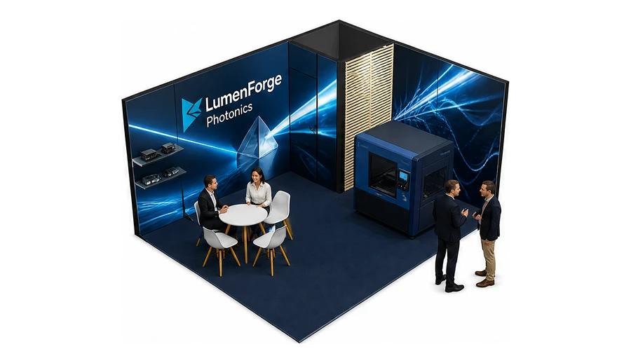 Stoisko 5 × 4 m narożne prawe dla branży technika laserowa i fotonika, przykładowa marka LumenForge Photonics