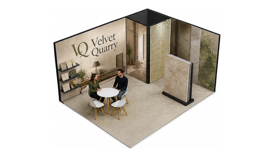 Stoisko 5 × 4 m narożne prawe dla branży wykończenie wnętrz, przykładowa marka Velvet Quarry