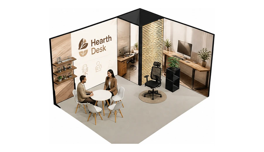 Stoisko 5 × 4 m narożne prawe dla branży meble biurowe, przykładowa marka Hearth Desk