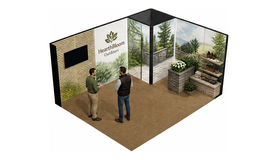 Stoisko 5 × 4 m narożne prawe dla branży ogród i architektura krajobrazu, przykładowa marka HearthBloom Outdoors