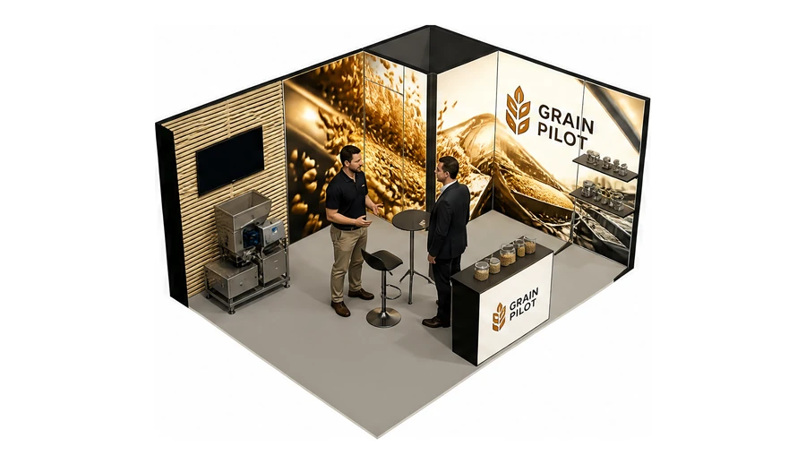 Stoisko 5 × 4 m narożne prawe dla branży technologie spożywcze, przykładowa marka Grain Pilot