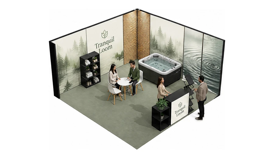 Stoisko 5 × 5 m narożne prawe dla branży spa i wellness, przykładowa marka Tranquil Loom