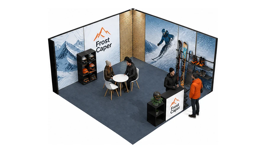 Stoisko 5 × 5 m narożne prawe dla branży narciarstwo i sporty zimowe, przykładowa marka Frost Caper