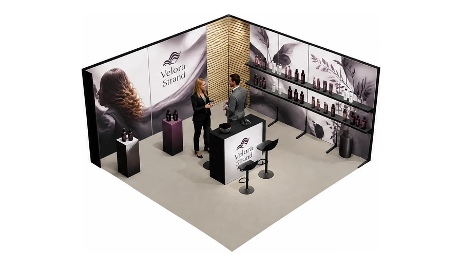 Stoisko 5 × 5 m narożne prawe dla branży fryzjerstwo i salony beauty, przykładowa marka Velora Strand