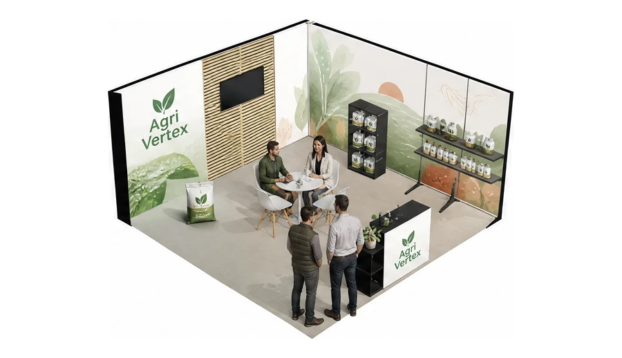 Stoisko 5 × 5 m narożne prawe dla branży nawozy i ochrona roślin, przykładowa marka Agri Vertex