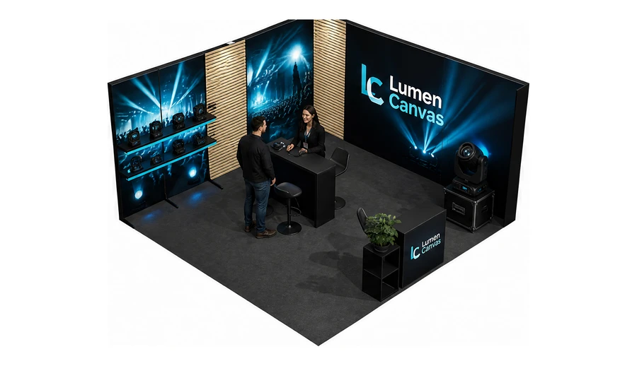 Stoisko 5 × 5 m narożne prawe dla branży branża eventowa, przykładowa marka Lumen Canvas