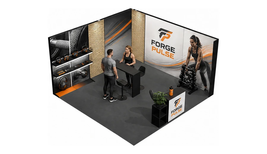 Stoisko 5 × 5 m narożne prawe dla branży fitness i siłownie, przykładowa marka Forge Pulse