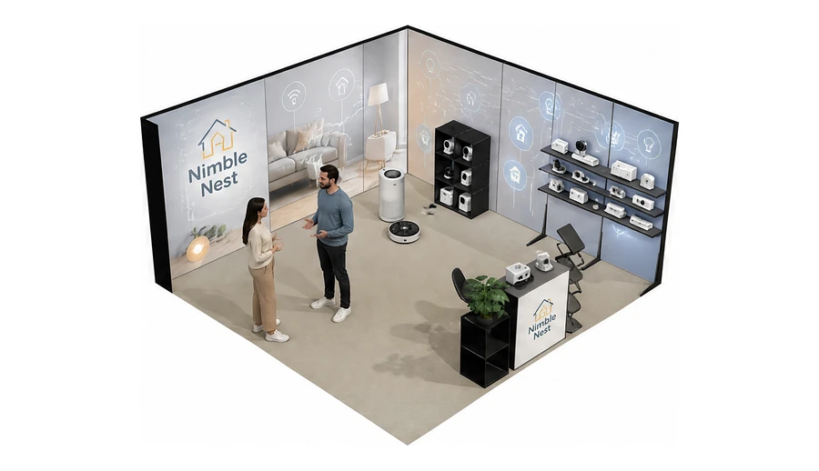 Stoisko 5 × 5 m narożne prawe dla branży smart home i IoT, przykładowa marka Nimble Nest