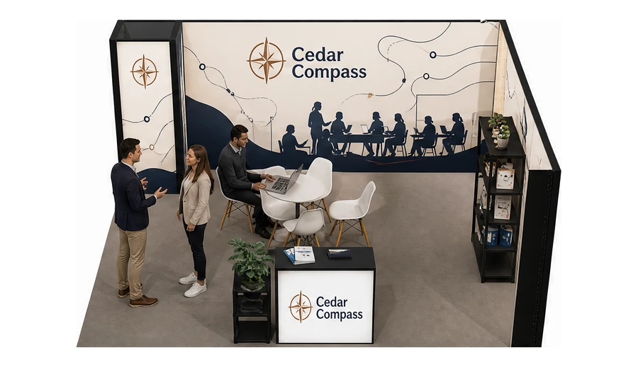 Stoisko 5 × 5 m narożne prawe dla branży edukacja i szkolenia, przykładowa marka Cedar Compass
