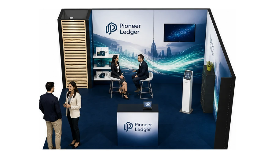 Stoisko 5 × 5 m narożne prawe dla branży płatności online, przykładowa marka Pioneer Ledger