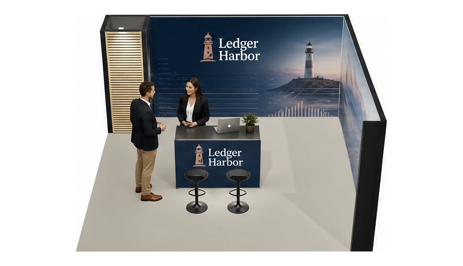 Stoisko 5 × 5 m narożne prawe dla branży usługi finansowe i księgowe, przykładowa marka Ledger Harbor