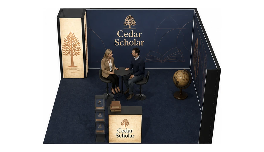 Stoisko 5 × 5 m narożne prawe dla branży edukacja i szkolenia, przykładowa marka Cedar Scholar
