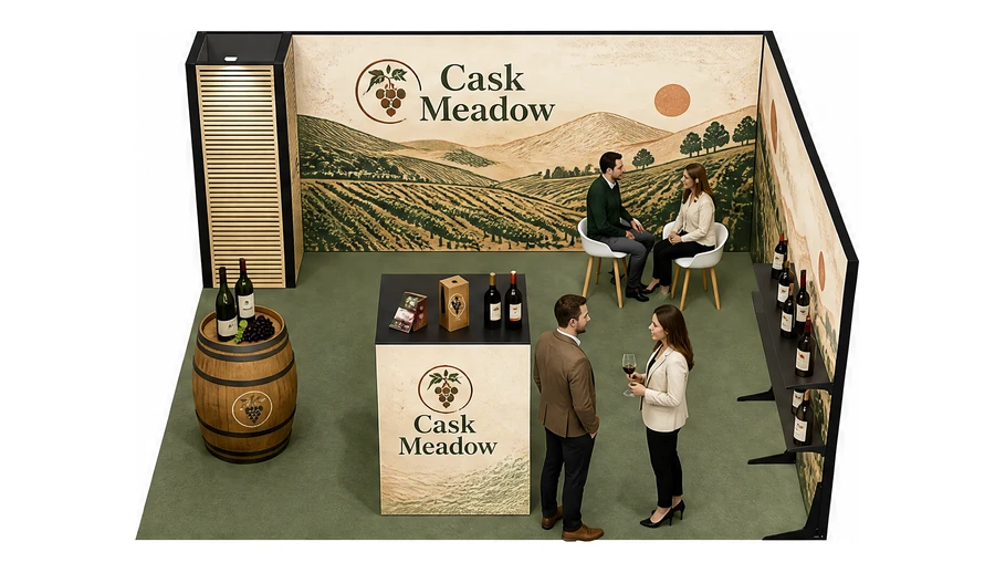 Stoisko 5 × 5 m narożne prawe dla branży winnica, przykładowa marka Cask Meadow