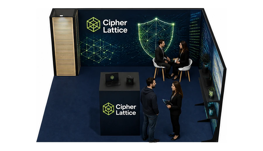 Stoisko 5 × 5 m narożne prawe dla branży cyberbezpieczeństwo, przykładowa marka Cipher Lattice